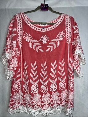 NWT 1XL Rayon Embroidered Coral Lace-Trim Peasant Top - Women PTP 22”